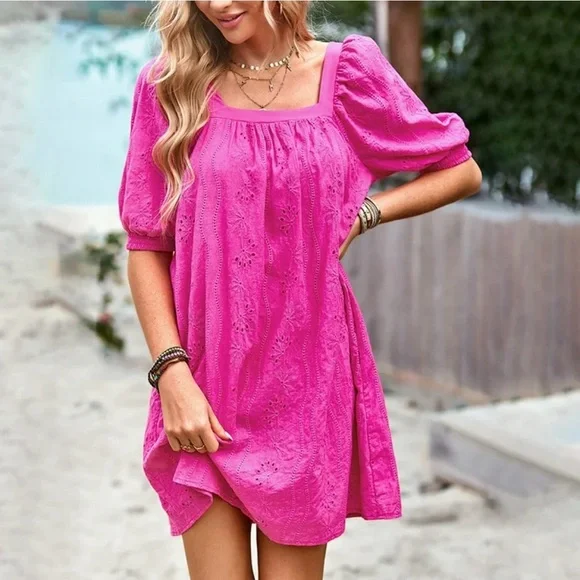 Dresses | Hot Pink Eyelet Dress With Poufy Sleeves Nwt Gift Ready Size Xl |  Poshmark